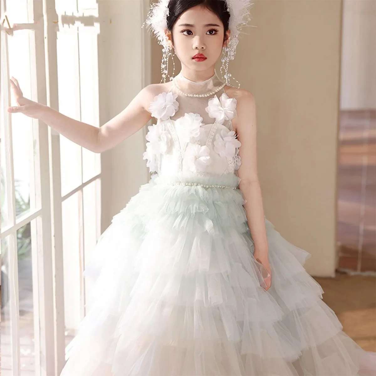 Luxury Sage Green Flower Girl Dresses Handmade Flower