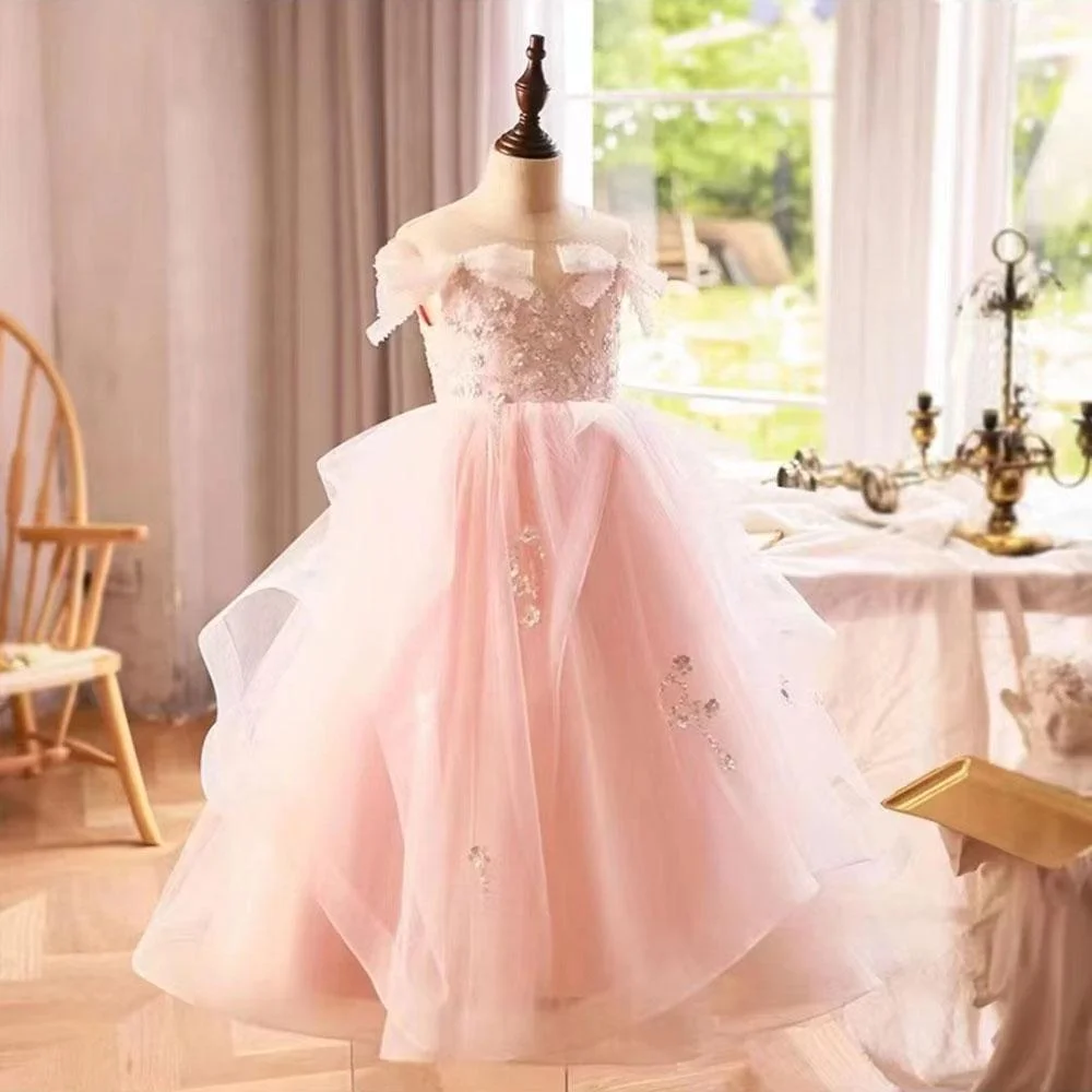 Luxury White Girl Dress Sequined Kids Birthday Girl Dress