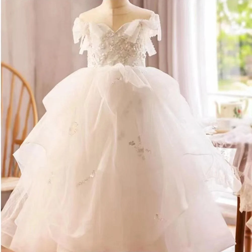 Luxury White Girl Dress Sequined Kids Birthday Girl Dress
