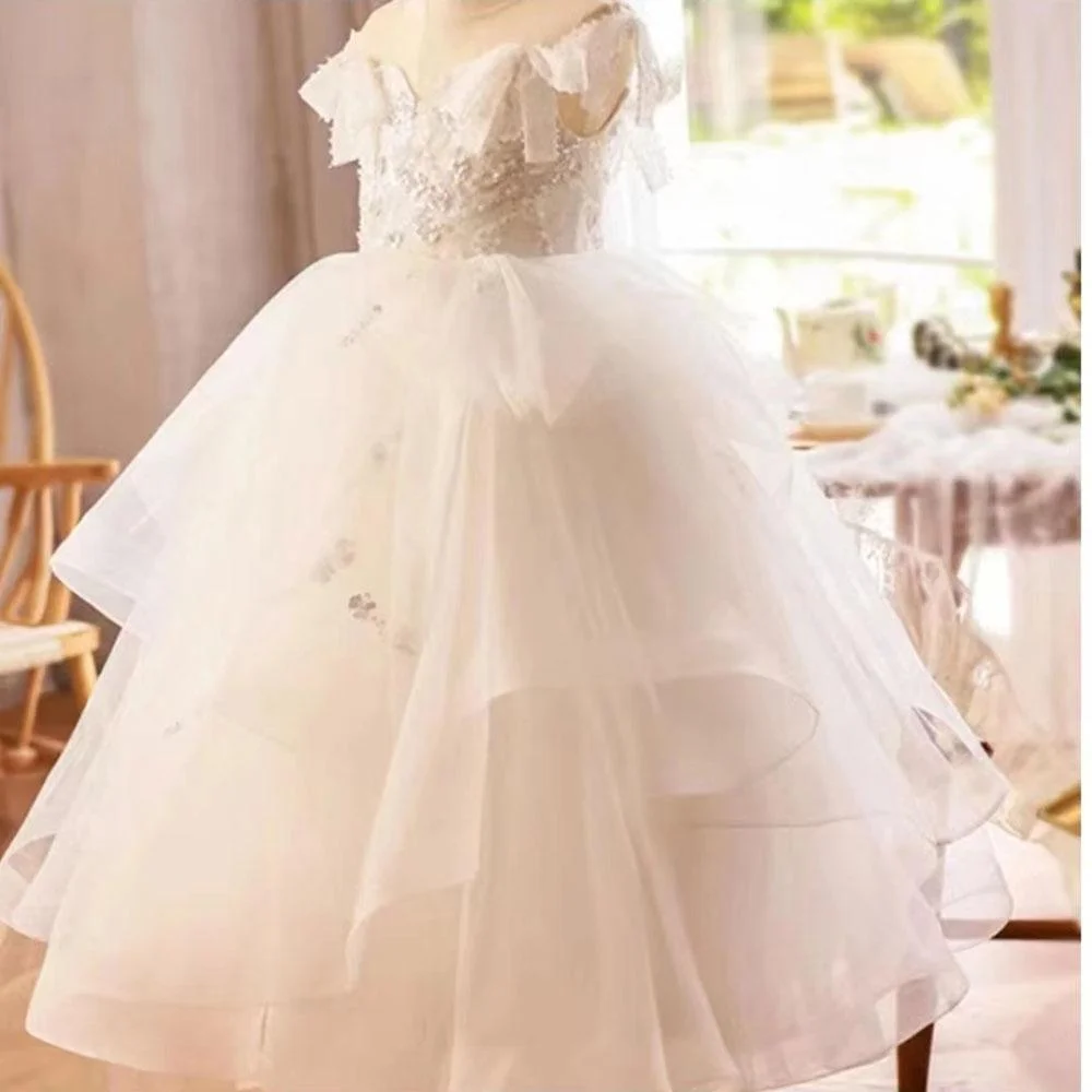 Luxury White Girl Dress Sequined Kids Birthday Girl Dress