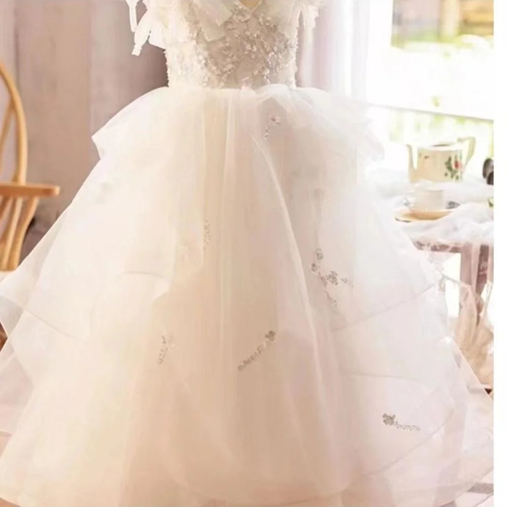 Luxury White Girl Dress Sequined Kids Birthday Girl Dress