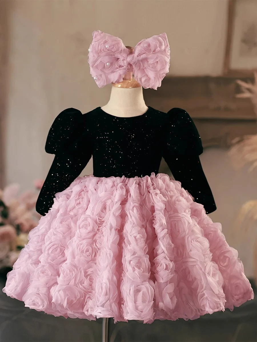 Sequins Girls dress princess 3D flowers children's performance costume fluffy party dress