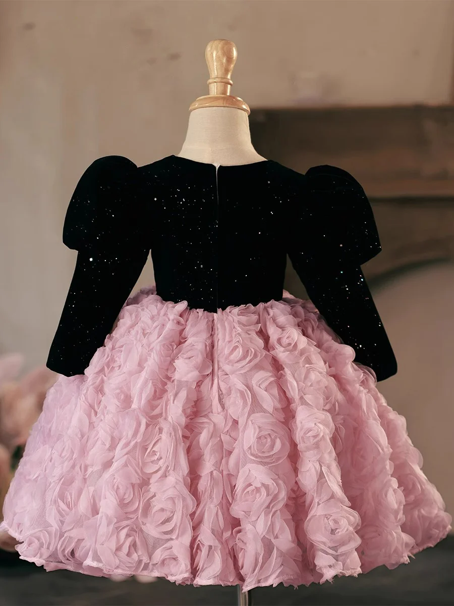 Sequins Girls dress princess 3D flowers children's performance costume fluffy party dress