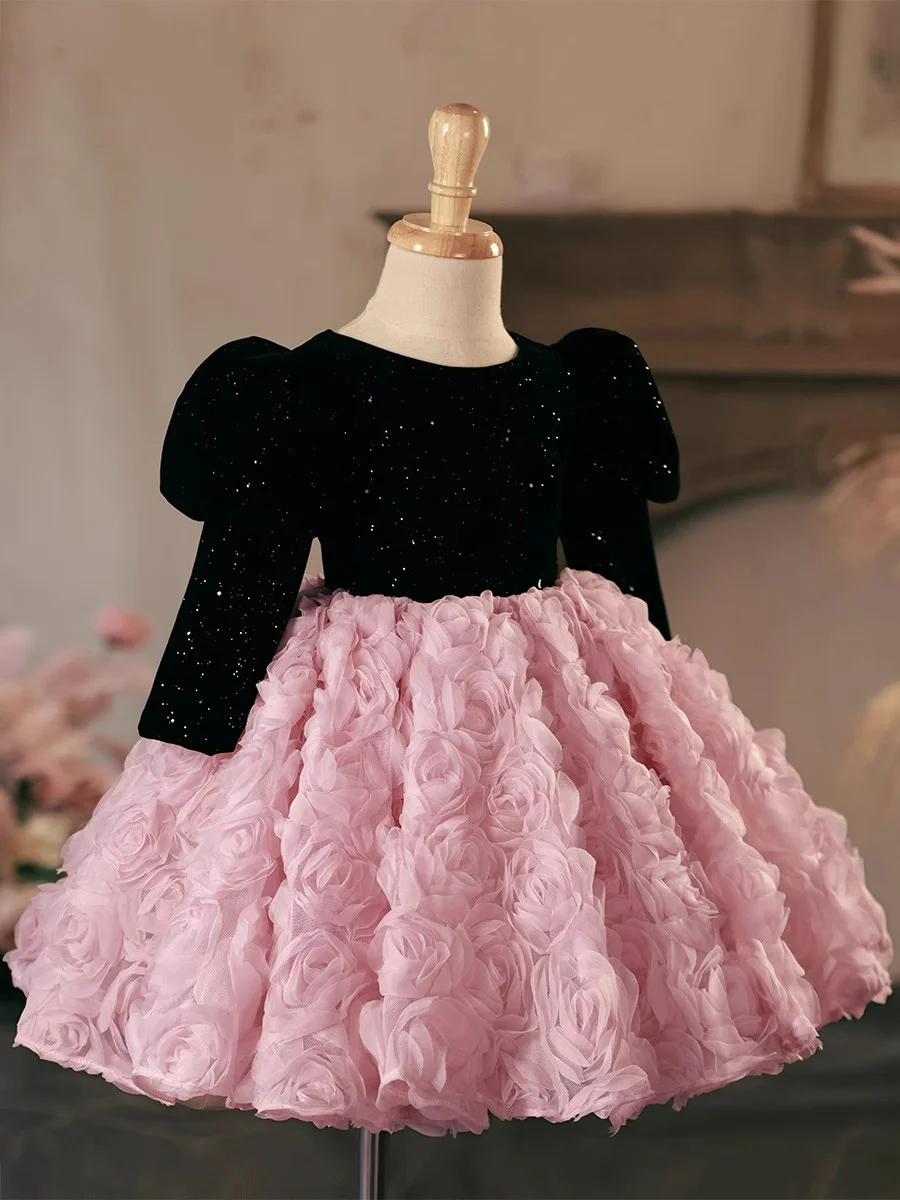Sequins Girls dress princess 3D flowers children's performance costume fluffy party dress