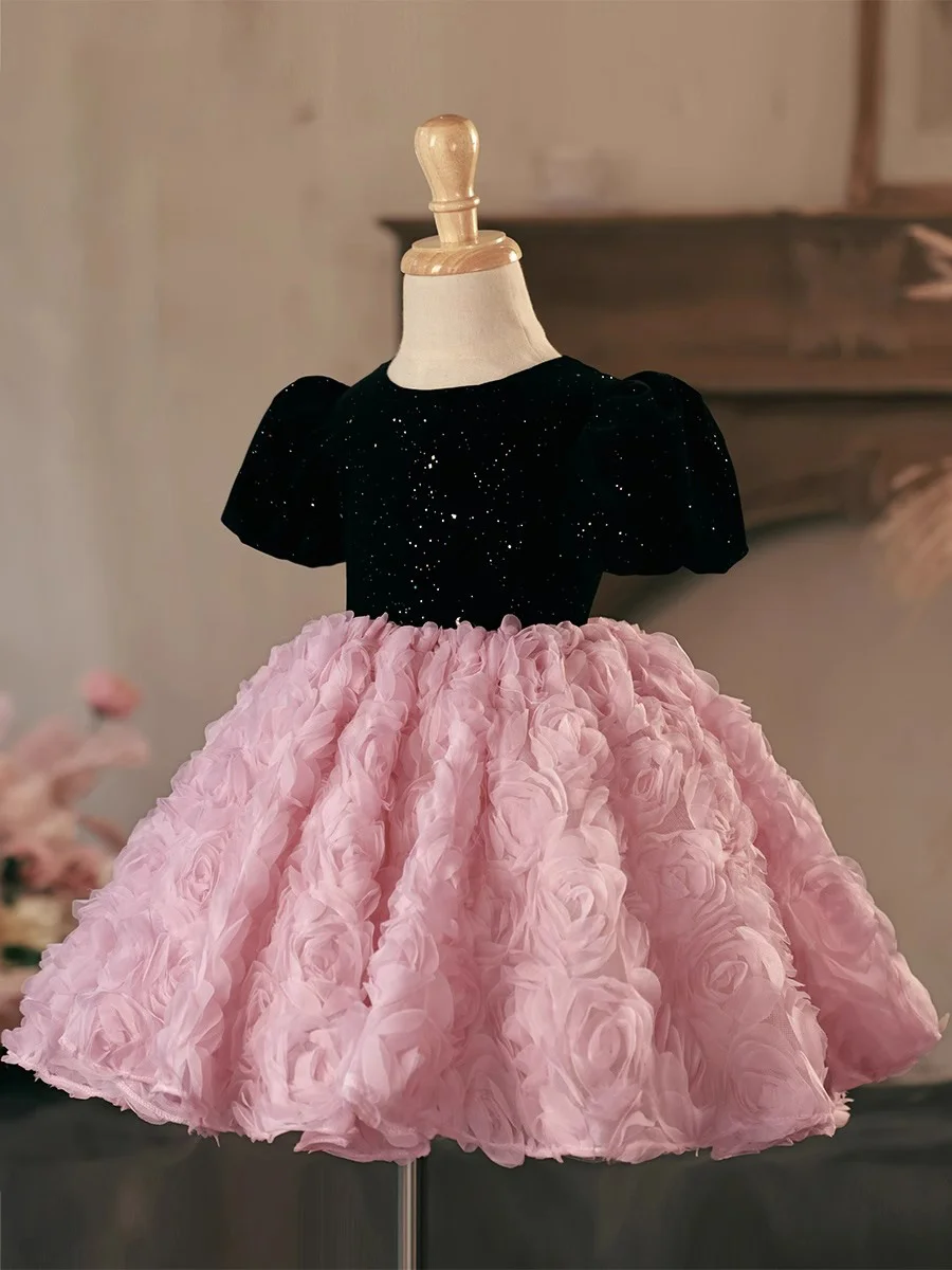Sequins Girls dress princess 3D flowers children's performance costume fluffy party dress