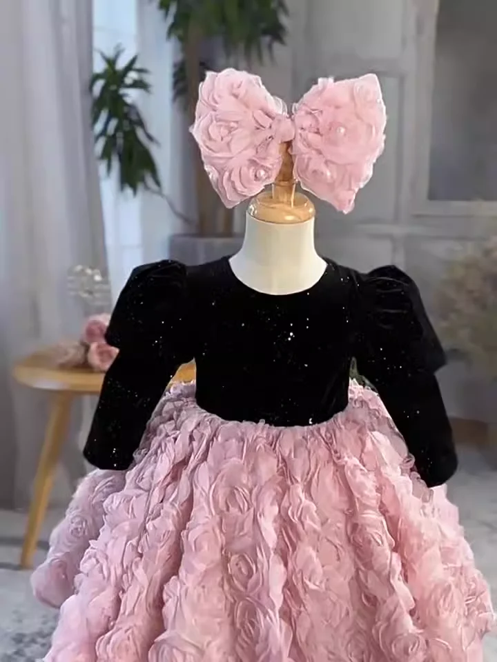 Sequins Girls dress princess 3D flowers children's performance costume fluffy party dress