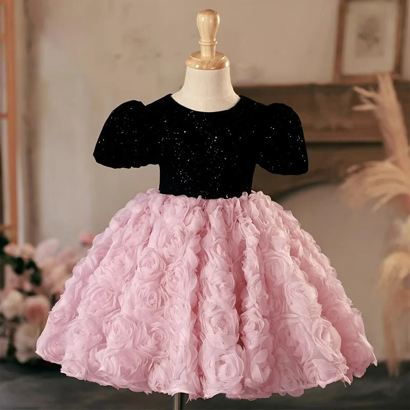 Sequins Girls dress princess 3D flowers children's performance costume fluffy party dress