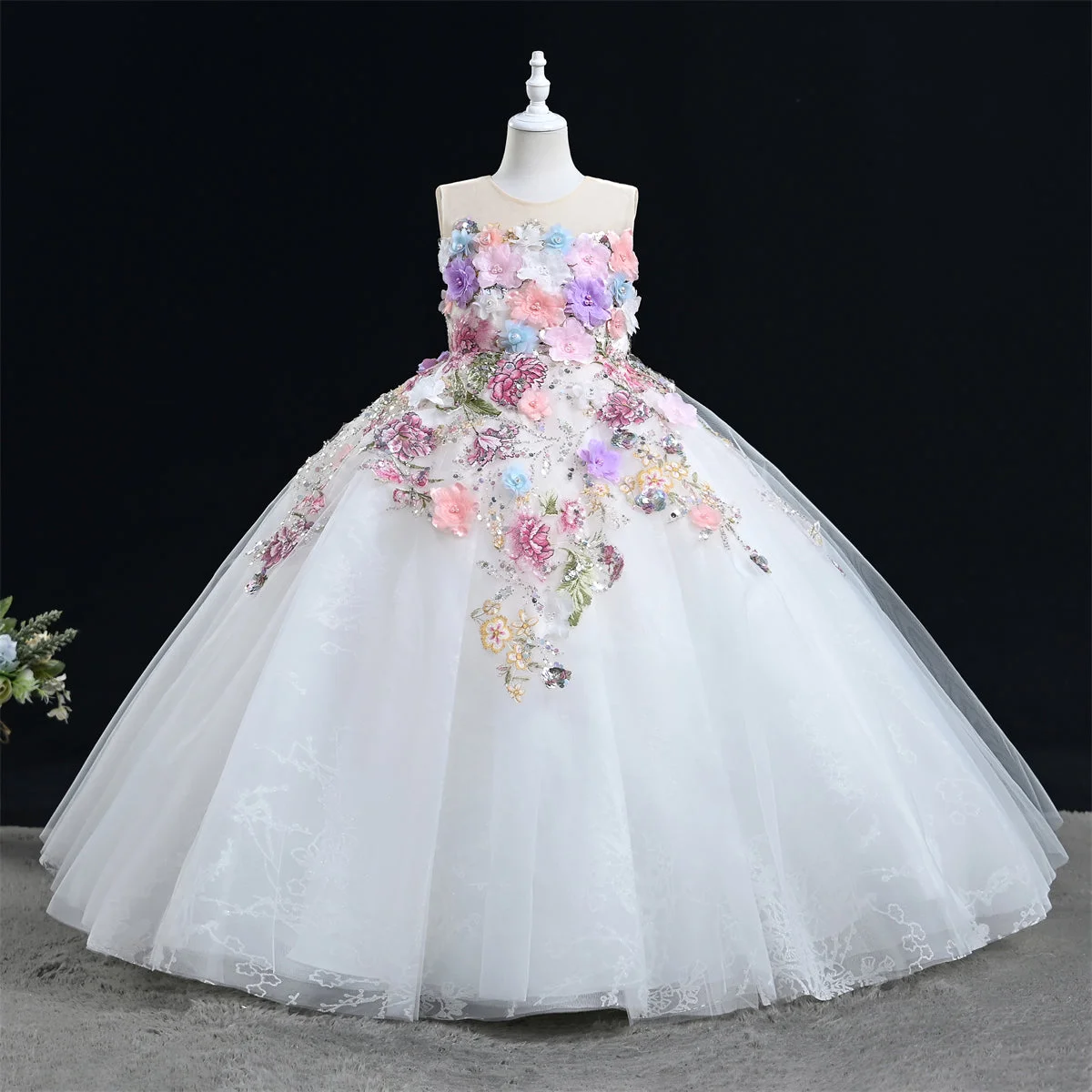White Sequin Hand-embroidered 3D Flower Birthday Party Flower Girl Dress Communion Dress Long Dress