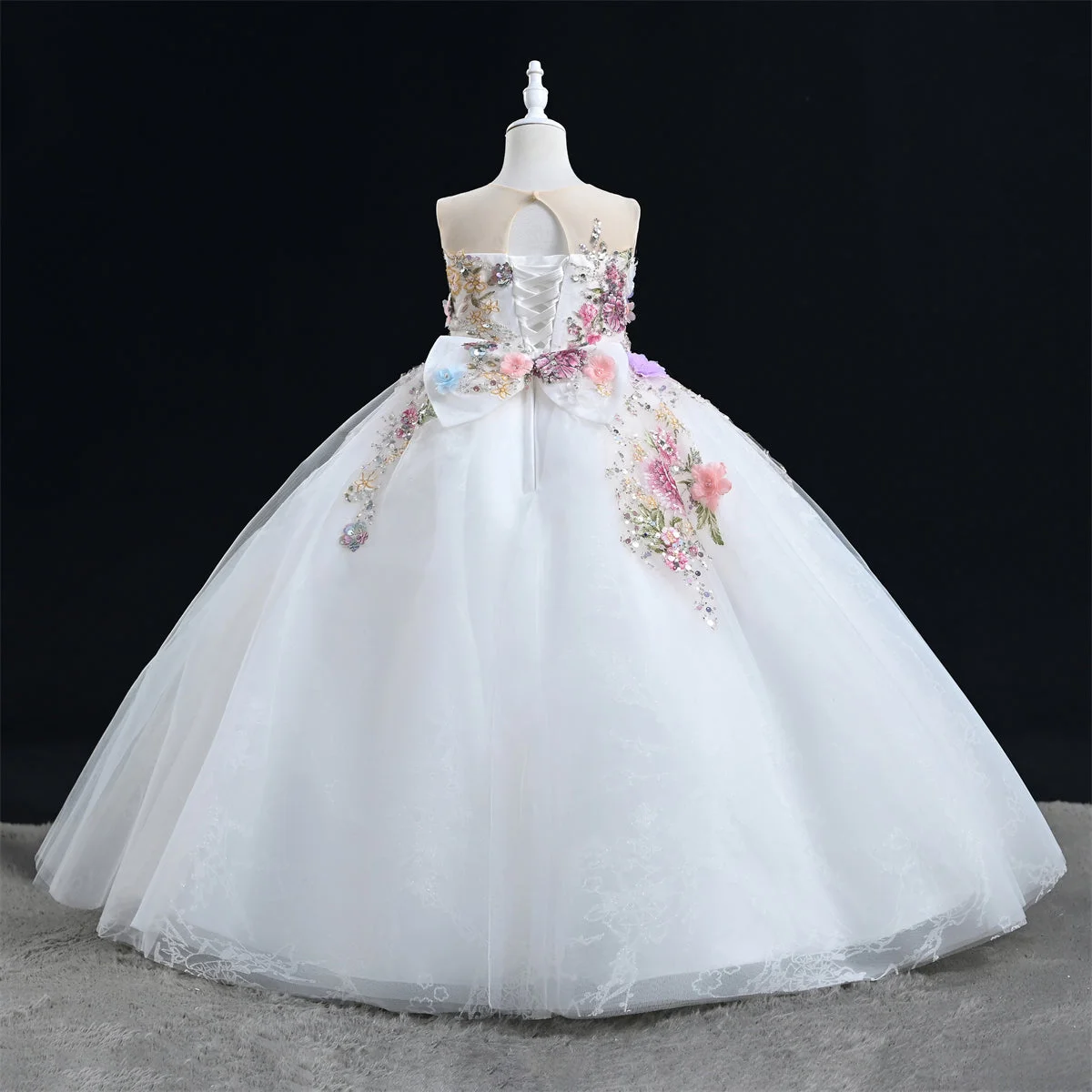 White Sequin Hand-embroidered 3D Flower Birthday Party Flower Girl Dress Communion Dress Long Dress