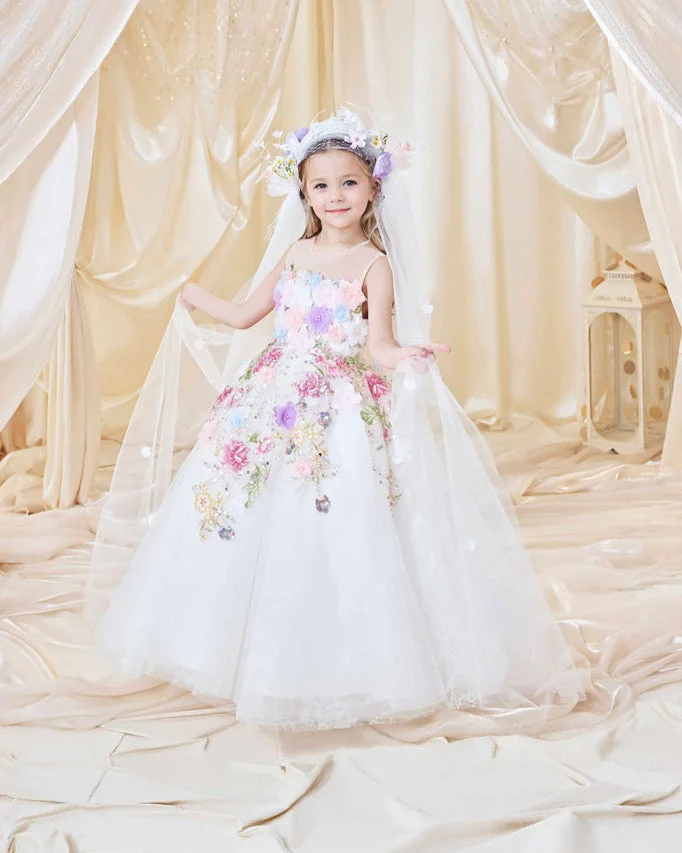 White Sequin Hand-embroidered 3D Flower Birthday Party Flower Girl Dress Communion Dress Long Dress