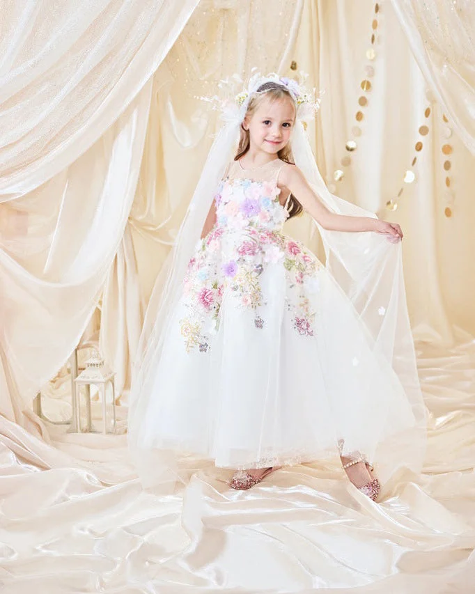 White Sequin Hand-embroidered 3D Flower Birthday Party Flower Girl Dress Communion Dress Long Dress