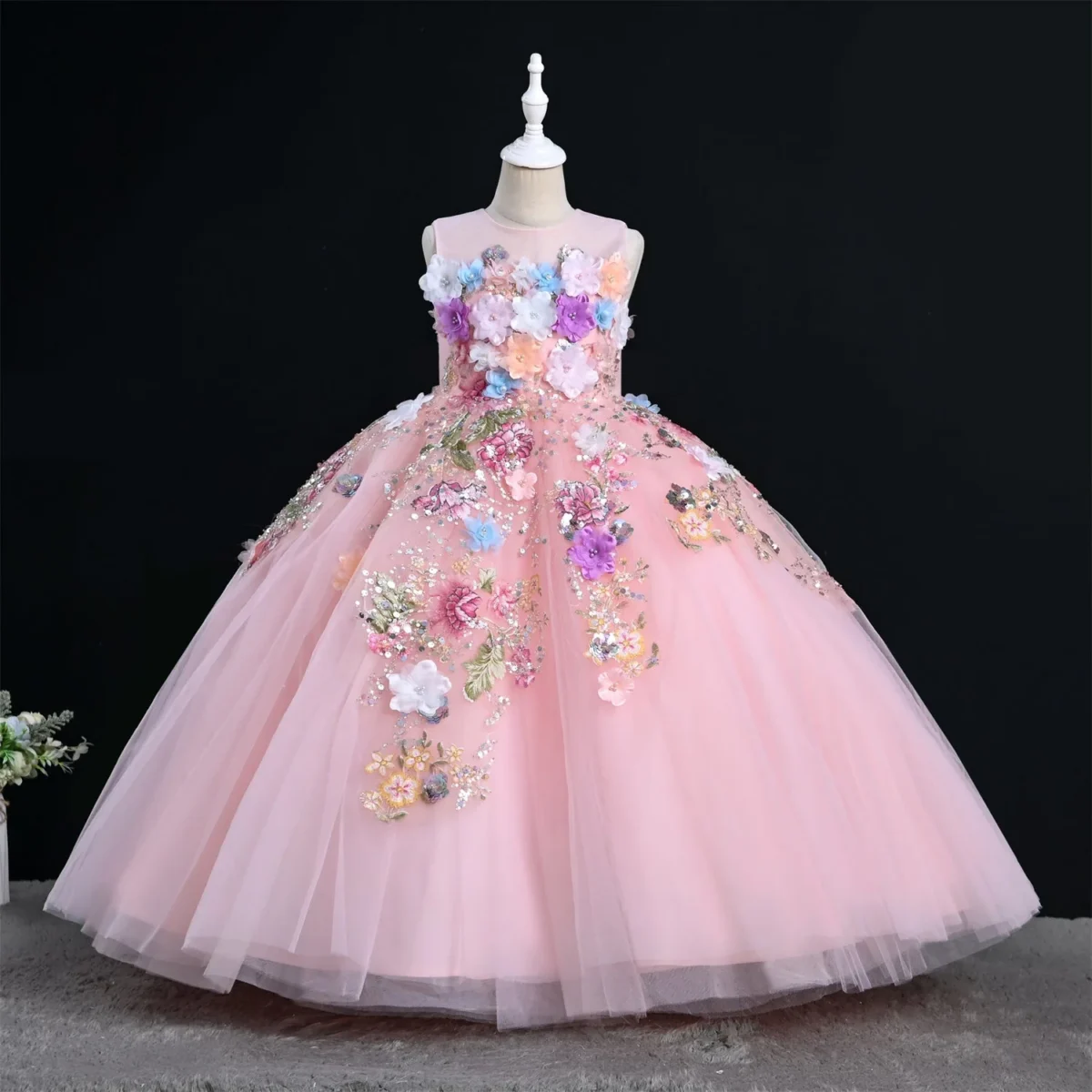White Sequin Hand-embroidered 3D Flower Birthday Party Flower Girl Dress Communion Dress Long Dress