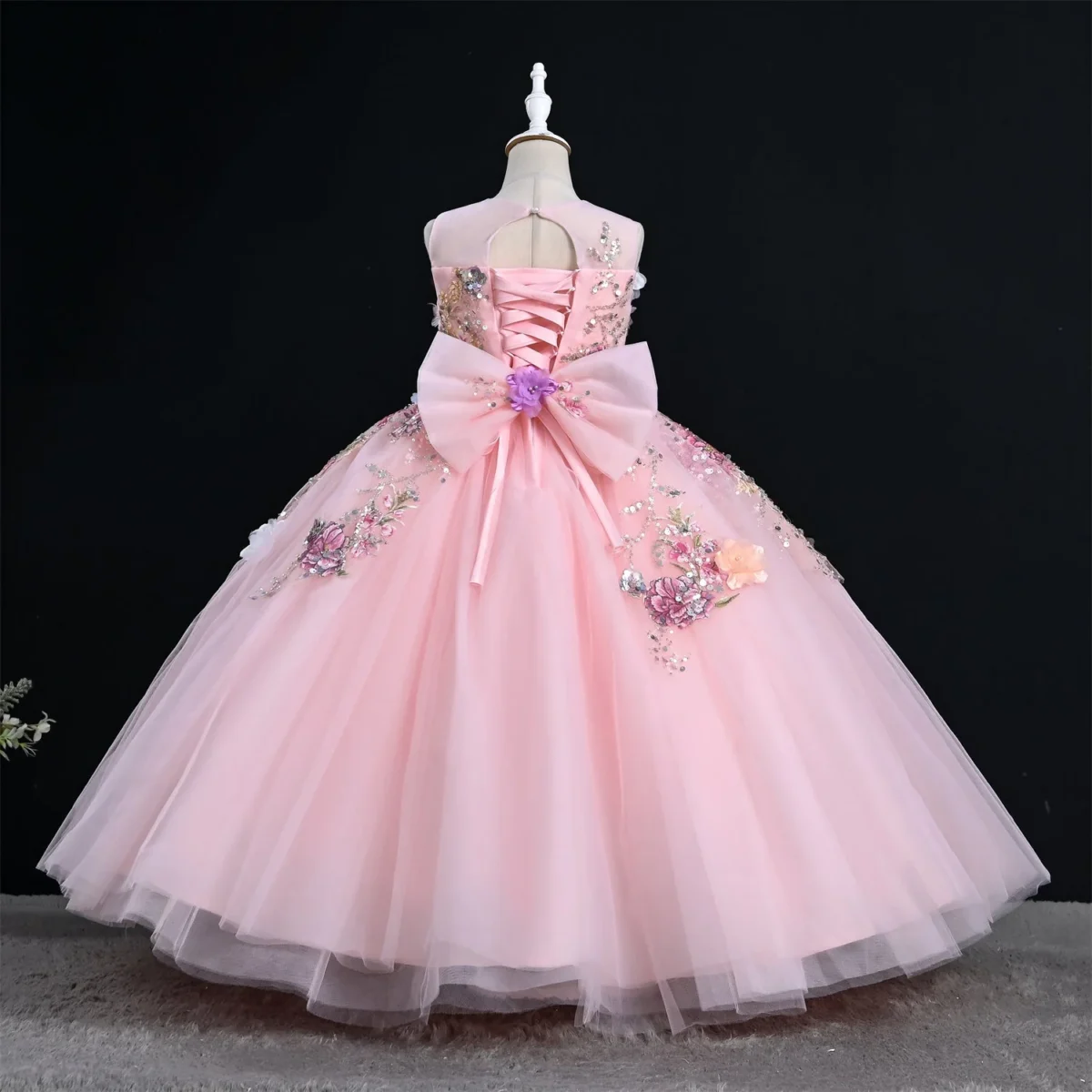 White Sequin Hand-embroidered 3D Flower Birthday Party Flower Girl Dress Communion Dress Long Dress
