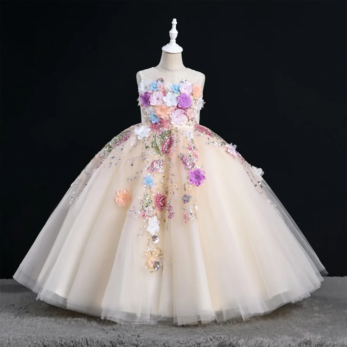 White Sequin Hand-embroidered 3D Flower Birthday Party Flower Girl Dress Communion Dress Long Dress