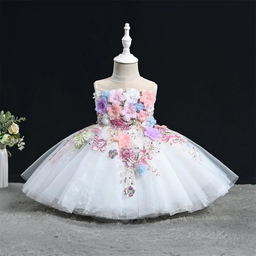 White sequin hand-embroidered 3D flower birthday party flower girl dress