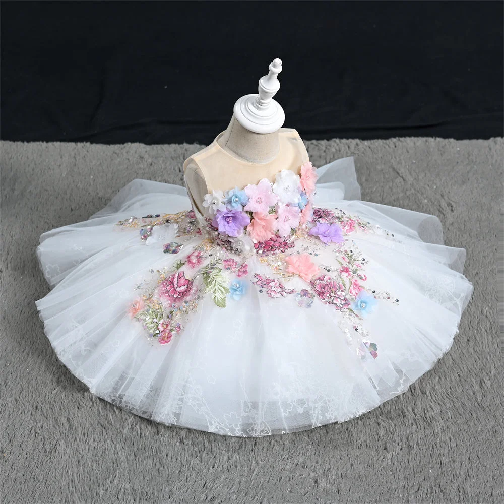 White sequin hand-embroidered 3D flower birthday party flower girl dress