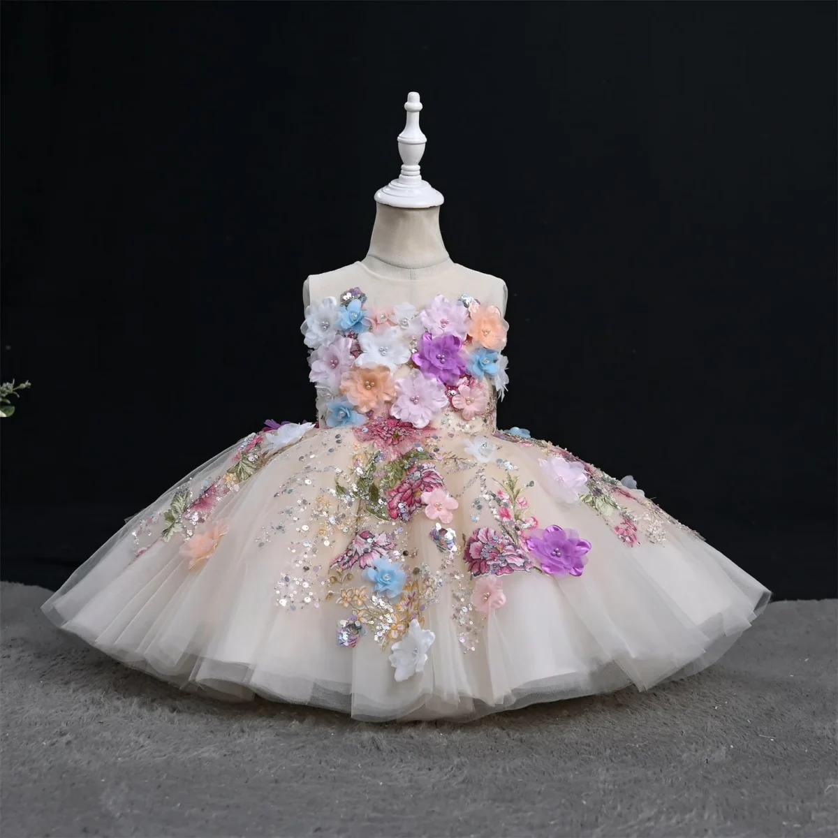 White sequin hand-embroidered 3D flower birthday party flower girl dress