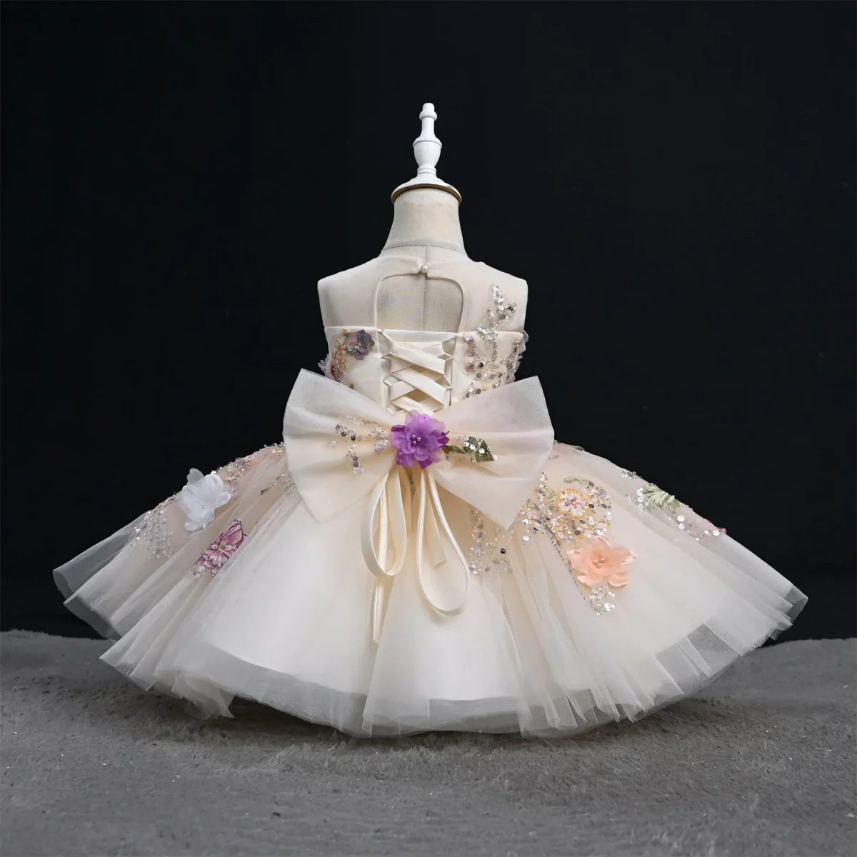 White sequin hand-embroidered 3D flower birthday party flower girl dress