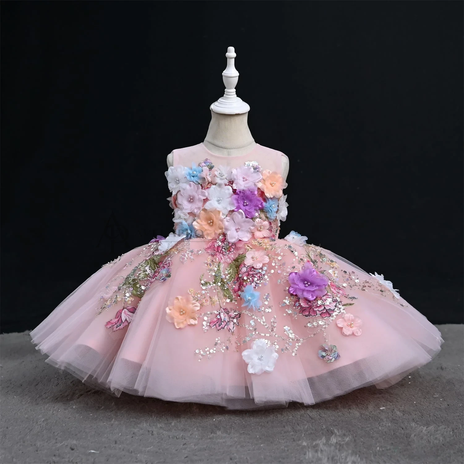 White sequin hand-embroidered 3D flower birthday party flower girl dress