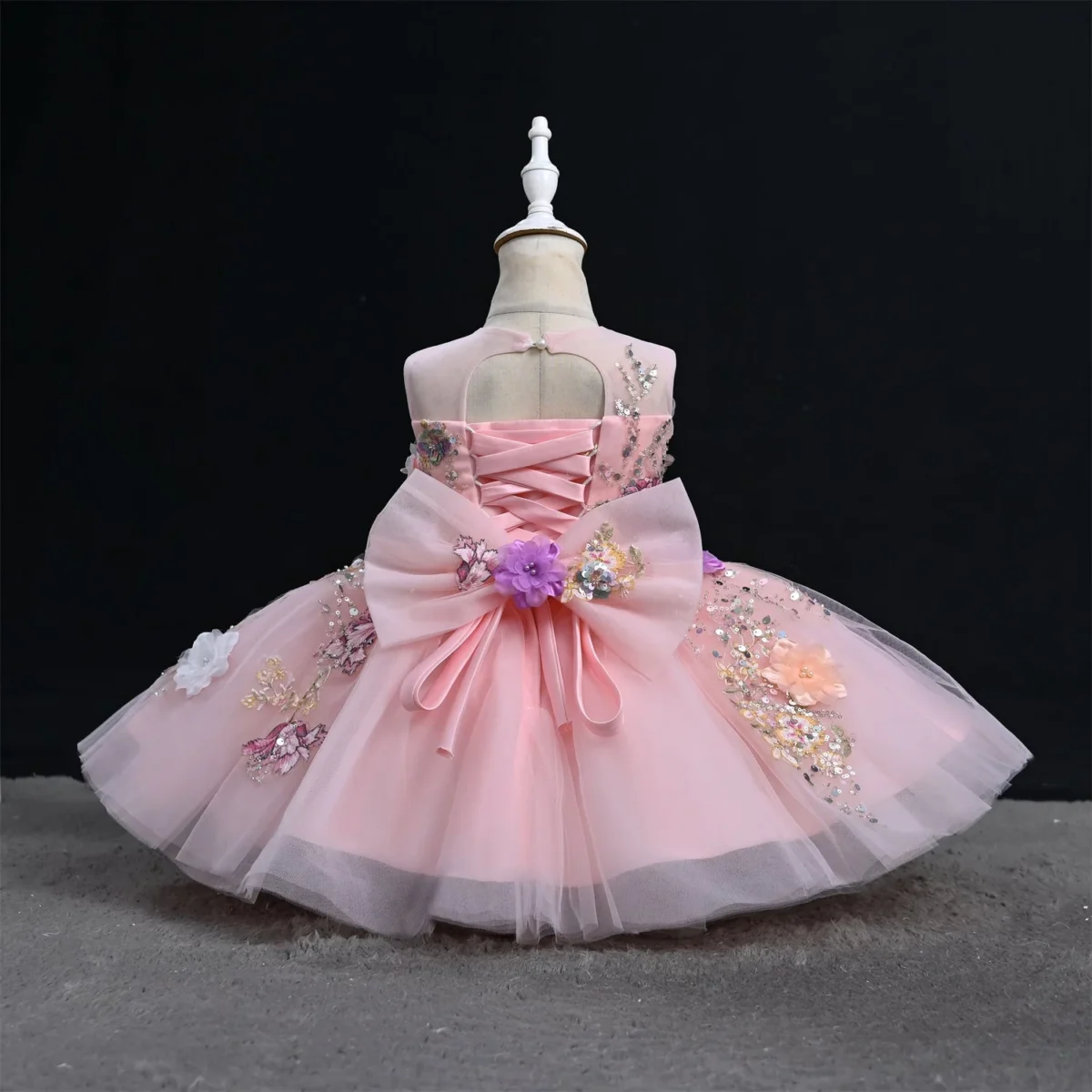 White sequin hand-embroidered 3D flower birthday party flower girl dress