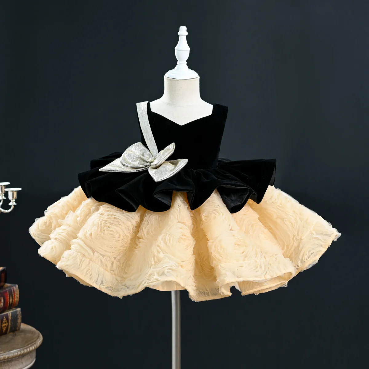 Black Velvet Metallic Silver Bow Party Dress