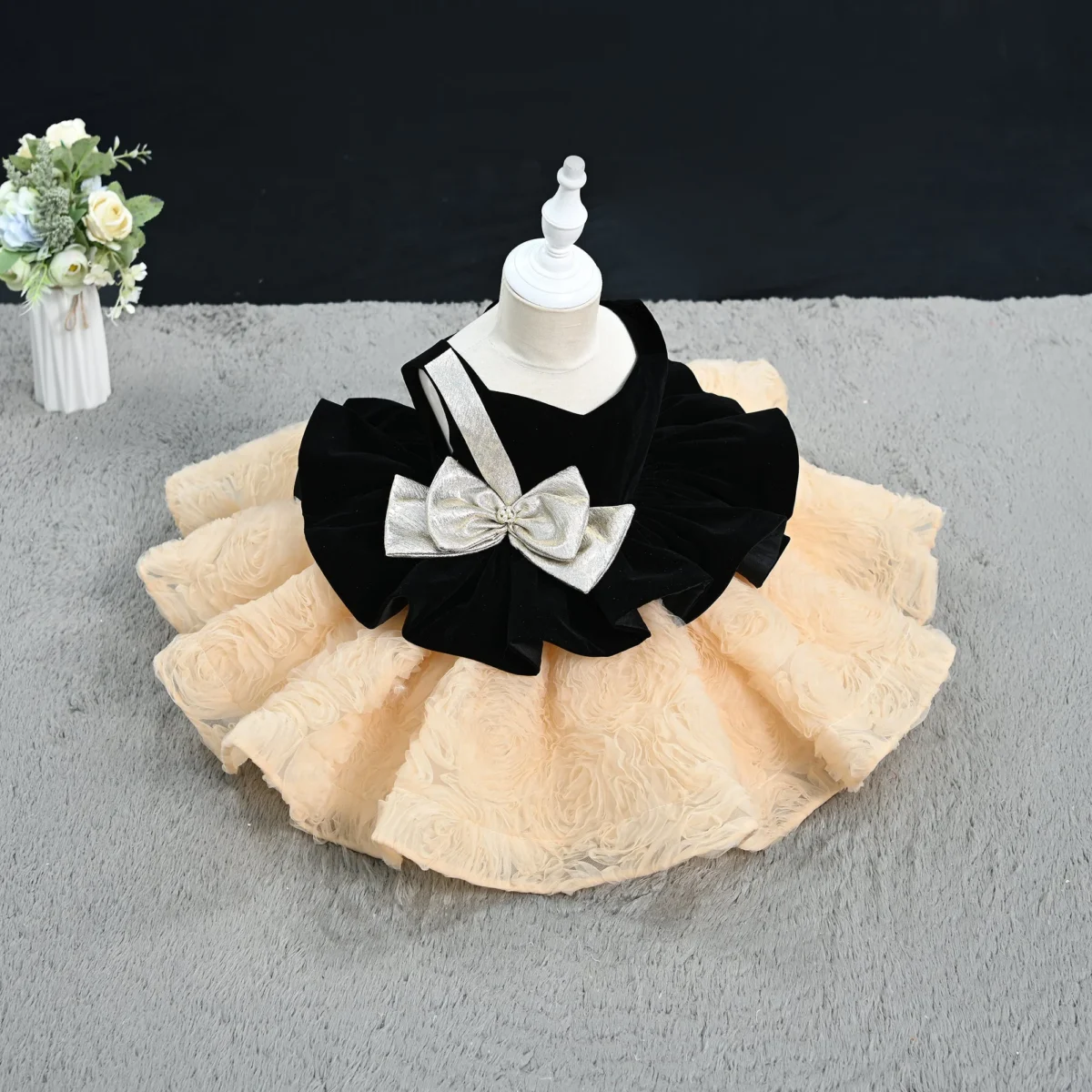 Black Velvet Metallic Silver Bow Party Dress