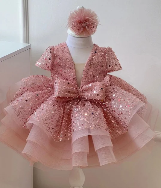 1-9 Years Old Flower Girl Kids Shiny Sequin Brathday Baby Princess Dress For Party