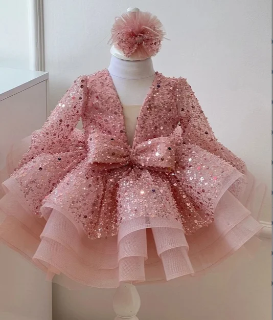 1-9 Years Old Flower Girl Kids Shiny Sequin Brathday Baby Princess Dress For Party