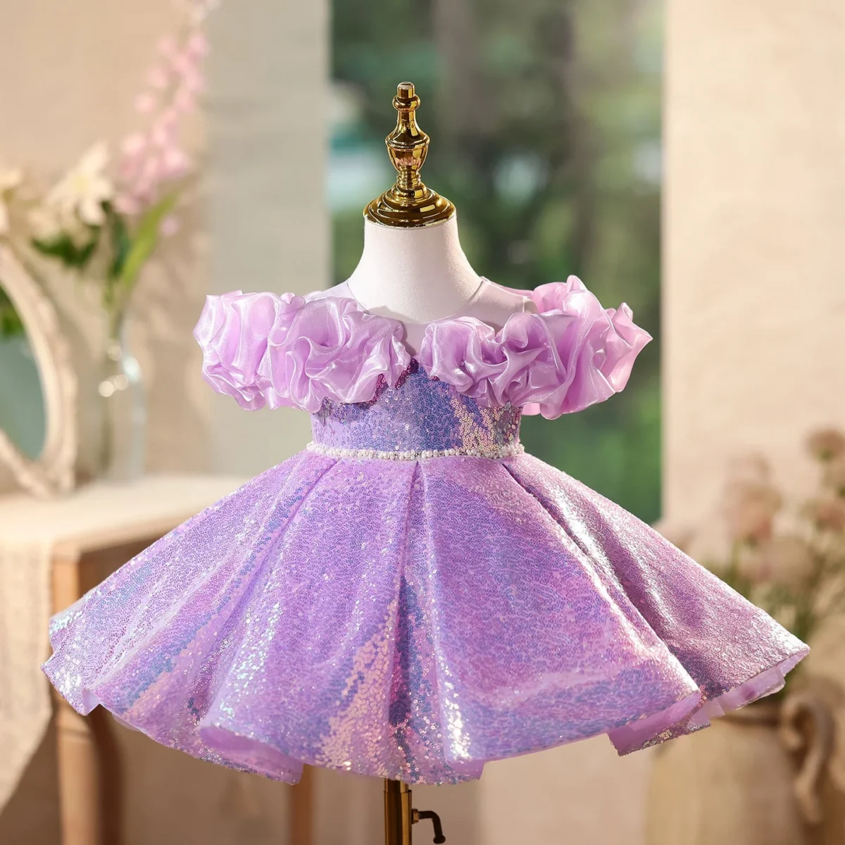 Purple Sequin Princess Dress for Girls | Short Party Dress with Ruffle Sleeves | Birthday & Pageant Outfit