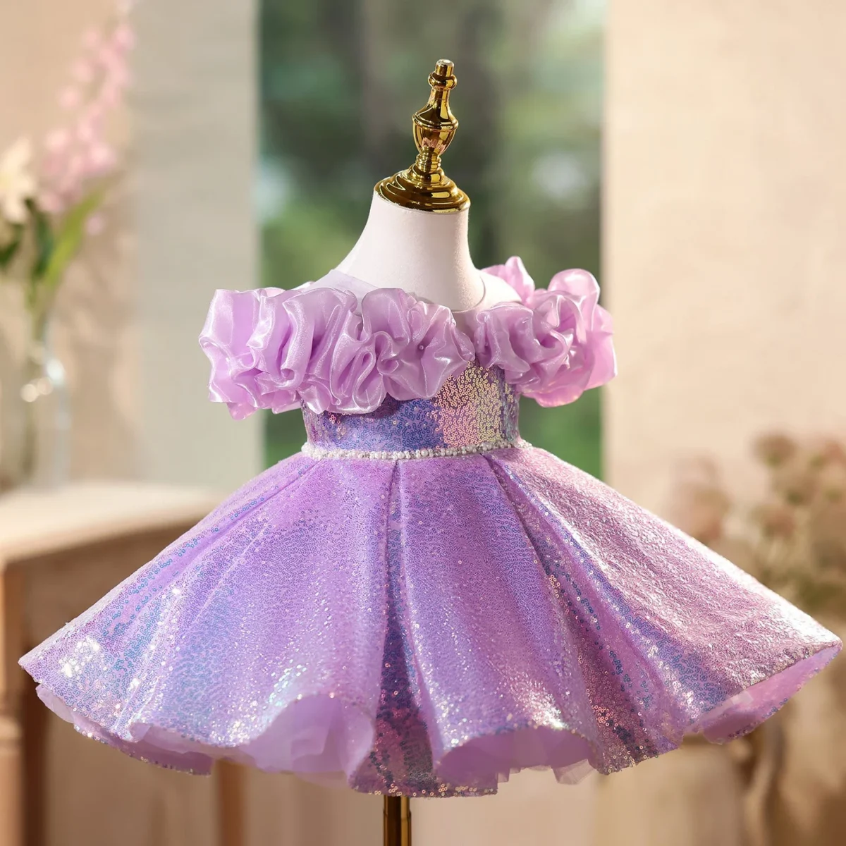 Purple Sequin Princess Dress for Girls | Short Party Dress with Ruffle Sleeves | Birthday & Pageant Outfit