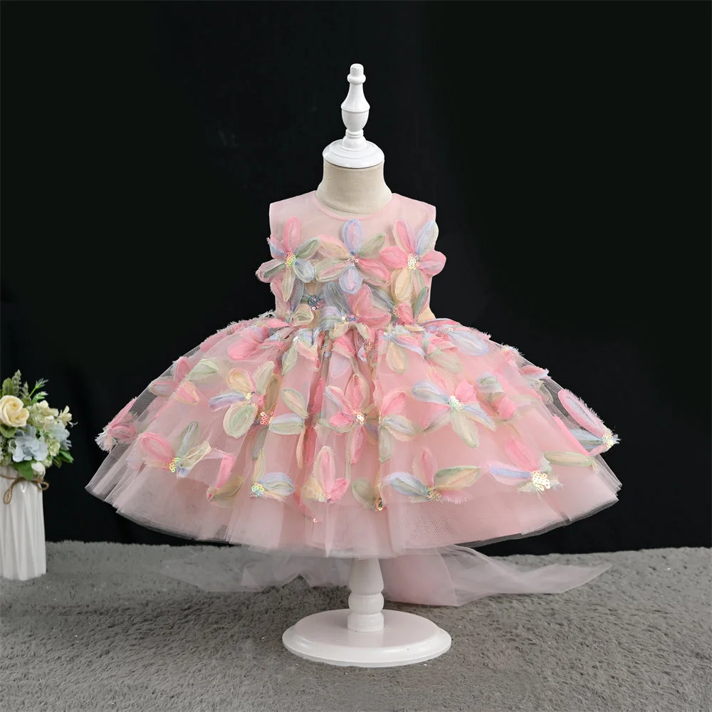 Floral Sequin Ball Gown for Girls, Fluffy Tulle Skirt with Long Train, Princess Party Dress