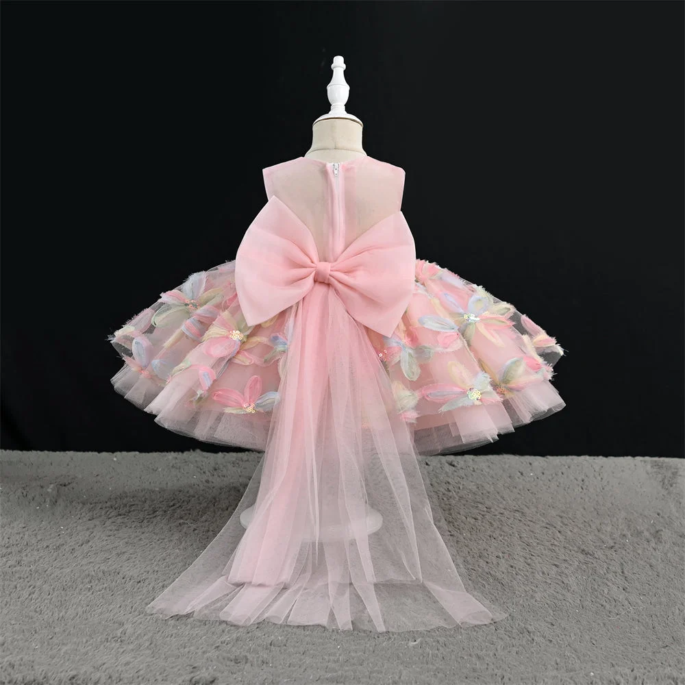 Floral Sequin Ball Gown for Girls, Fluffy Tulle Skirt with Long Train, Princess Party Dress