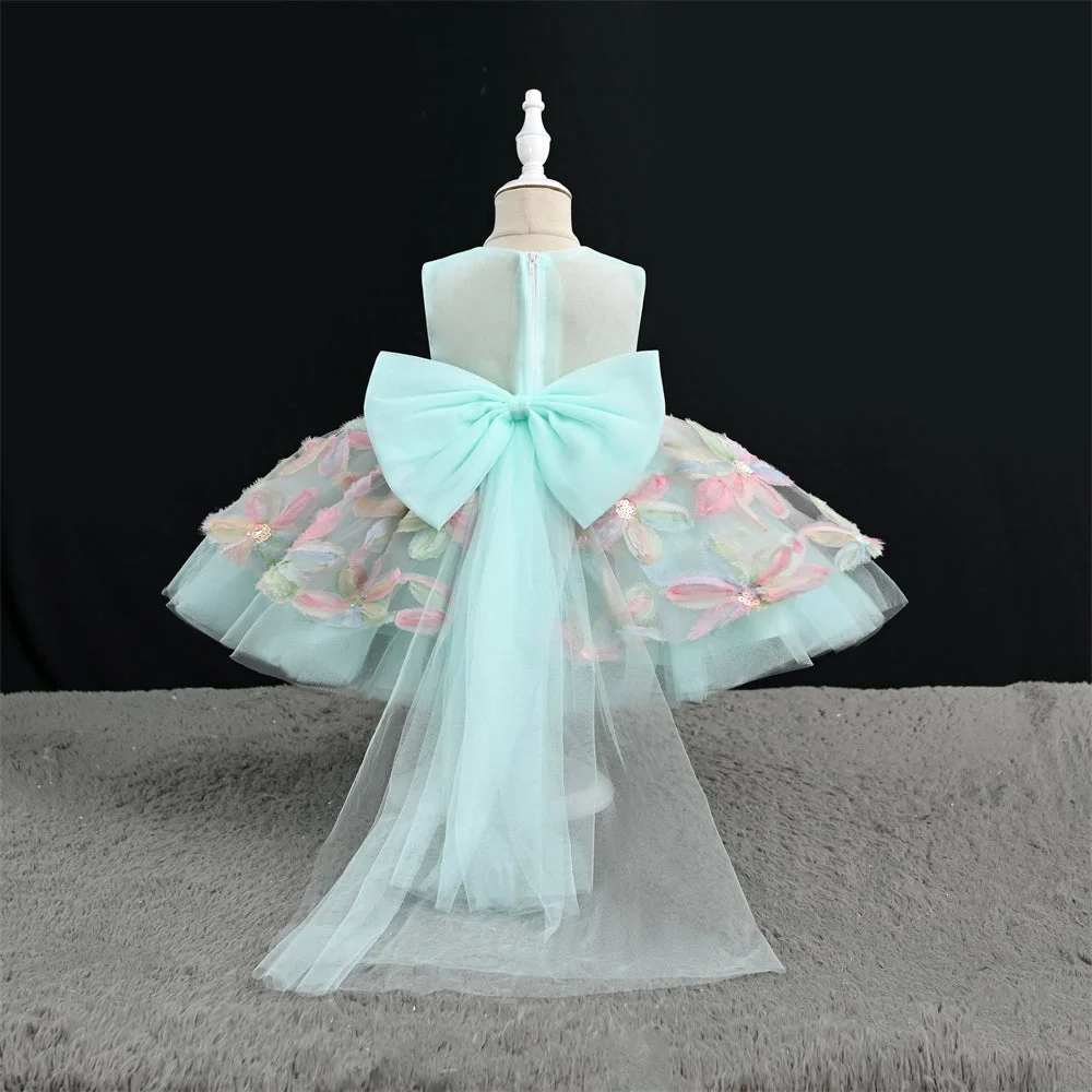 Floral Sequin Ball Gown for Girls, Fluffy Tulle Skirt with Long Train, Princess Party Dress