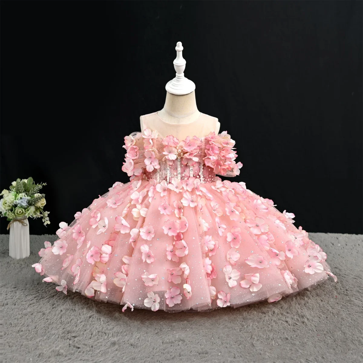 Pink 3D Flower Puff Princess Dress - Baby Girl Birthday Party Dress