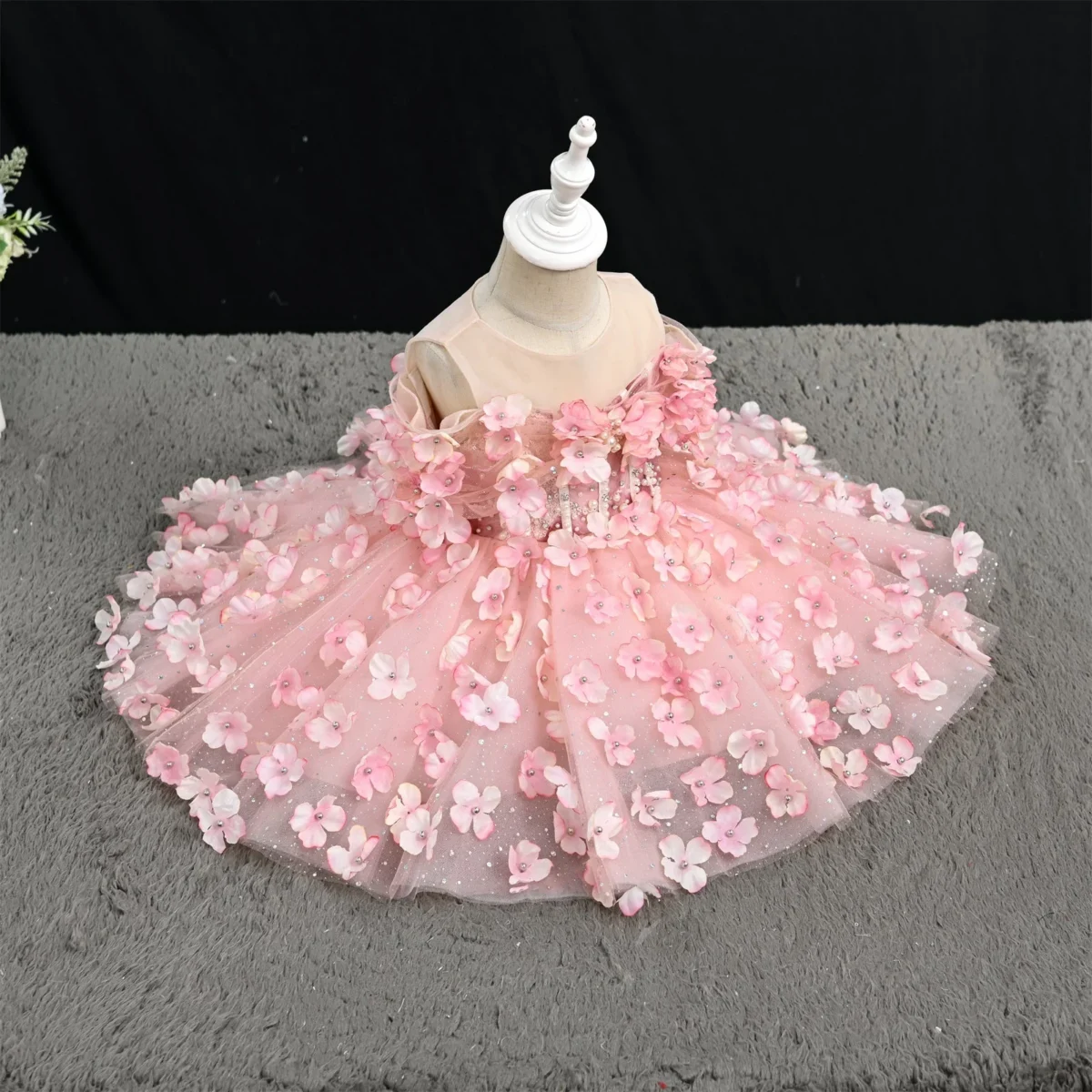Pink 3D Flower Puff Princess Dress - Baby Girl Birthday Party Dress
