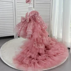 Wedding flower girl elegant evening dress sequined long sleeve party tail girl princess dress