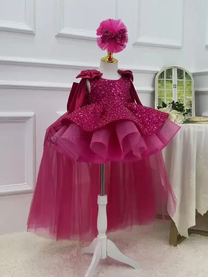 High-end elegant banquet girl evening dress, double shoulder bow baby dress + train, birthday party dress