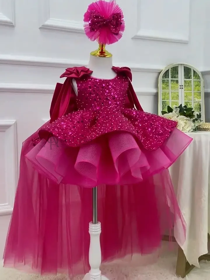 High-end elegant banquet girl evening dress, double shoulder bow baby dress + train, birthday party dress