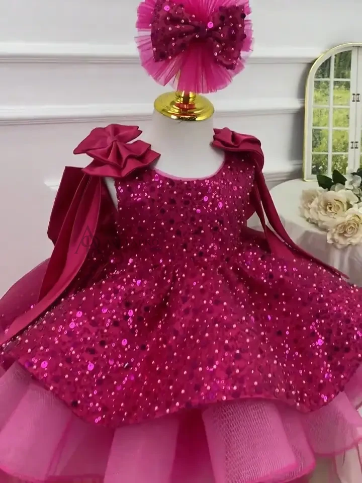 High-end elegant banquet girl evening dress, double shoulder bow baby dress + train, birthday party dress