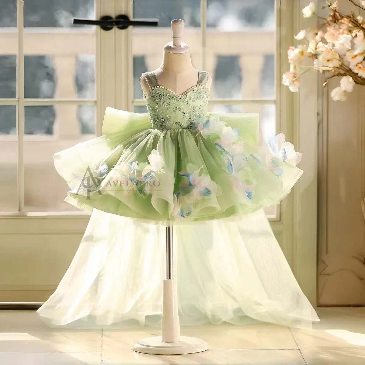 3D Flowers Green Pageant Girl Dress Princess Birthday Gown