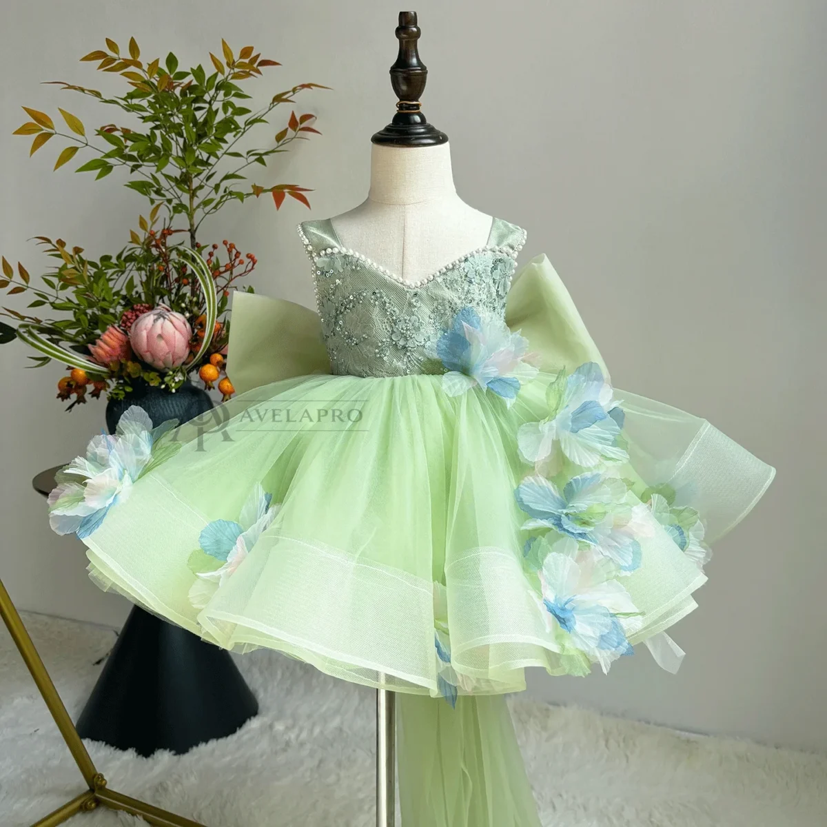 3D Flowers Green Pageant Girl Dress Princess Birthday Gown