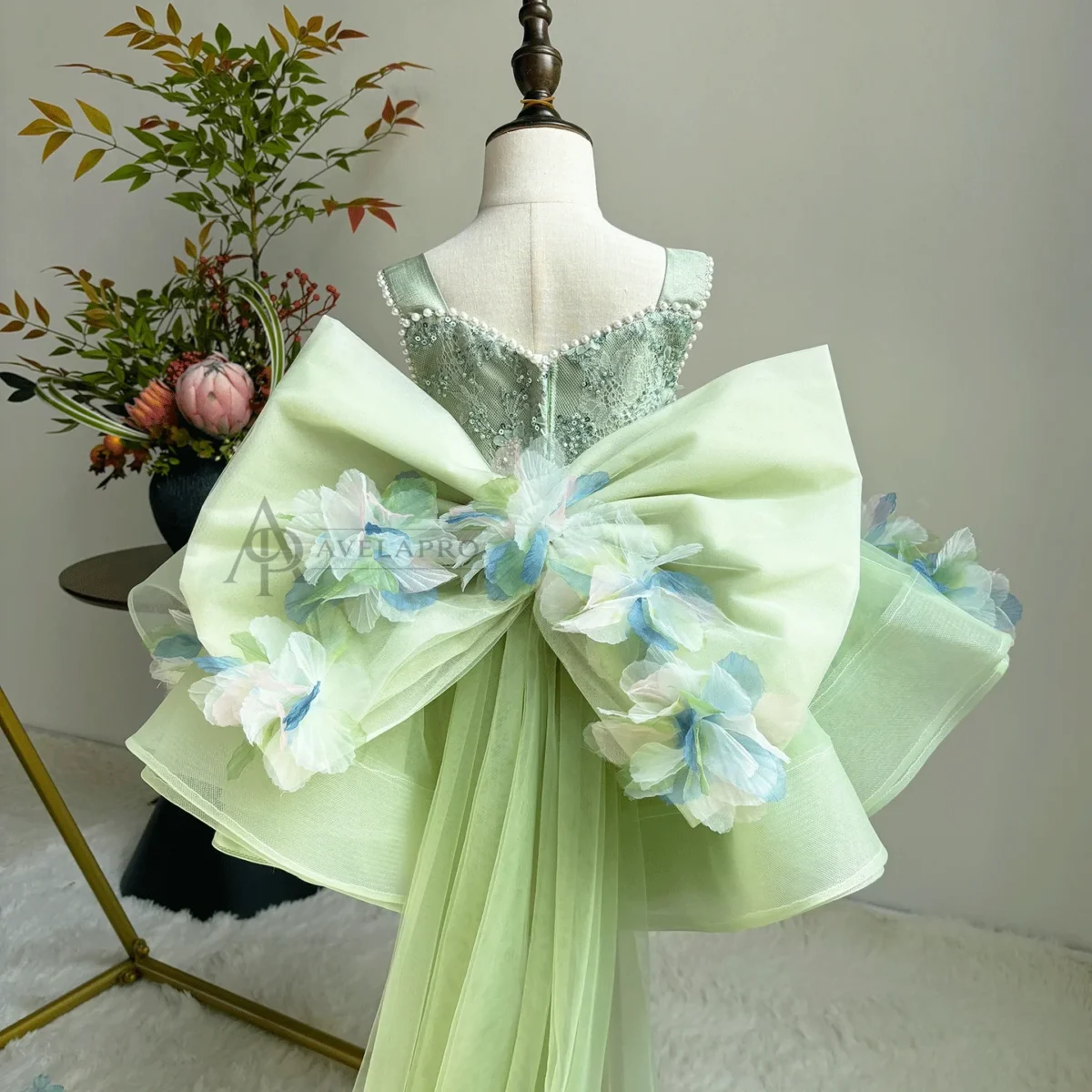 3D Flowers Green Pageant Girl Dress Princess Birthday Gown