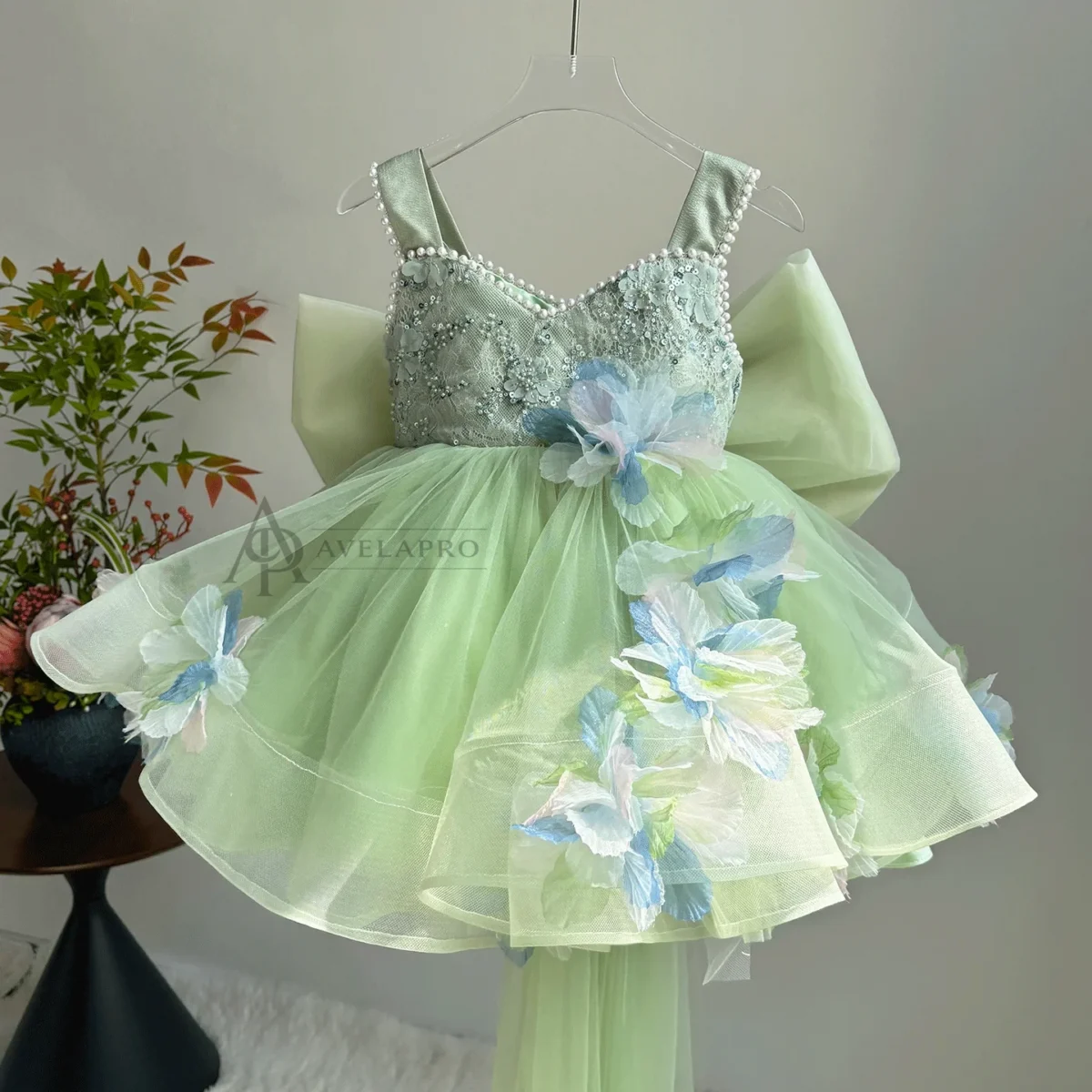 3D Flowers Green Pageant Girl Dress Princess Birthday Gown