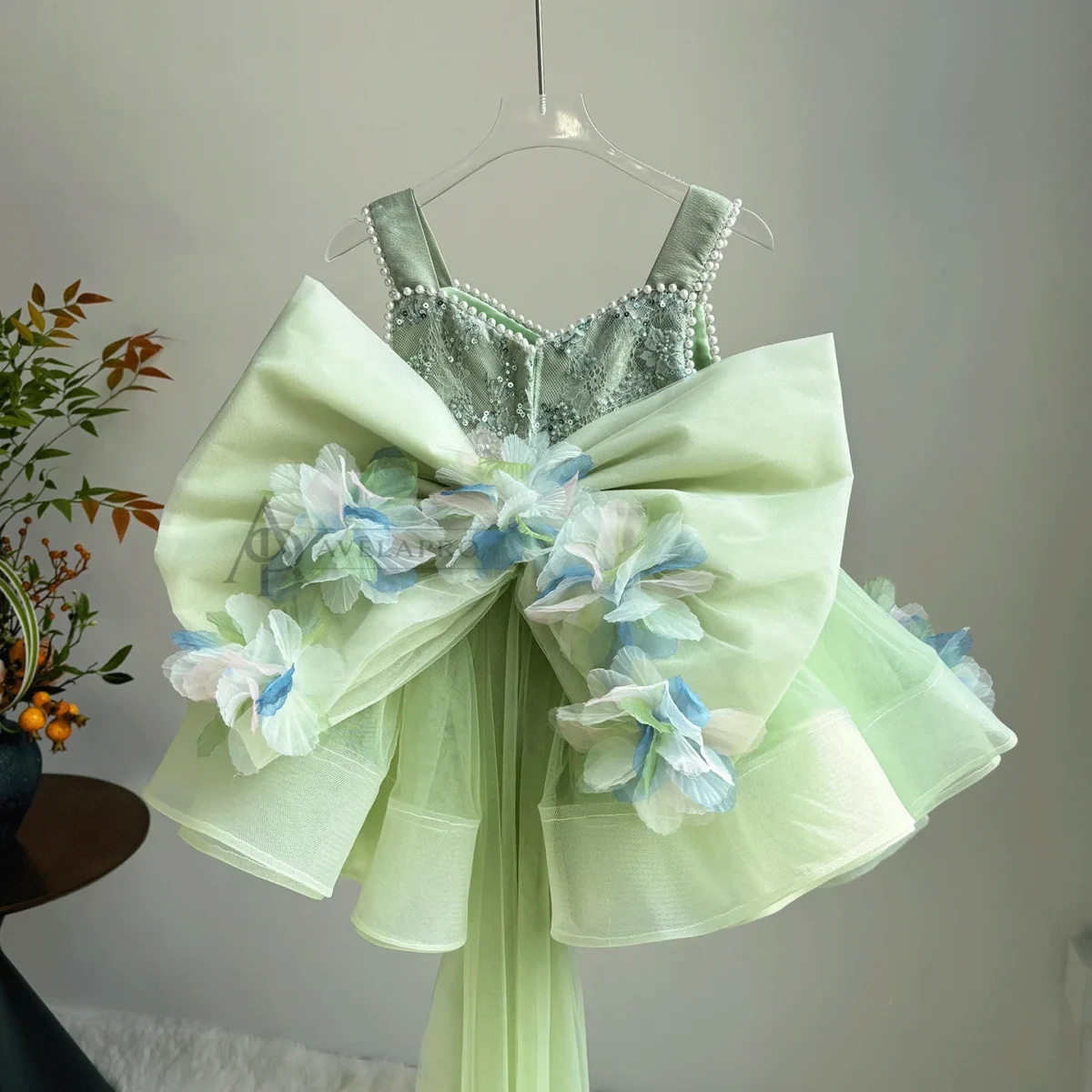 3D Flowers Green Pageant Girl Dress Princess Birthday Gown