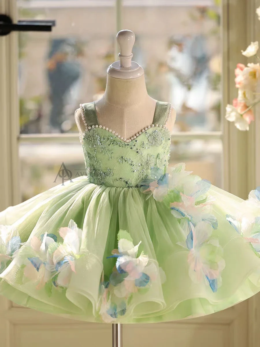 3D Flowers Green Pageant Girl Dress Princess Birthday Gown