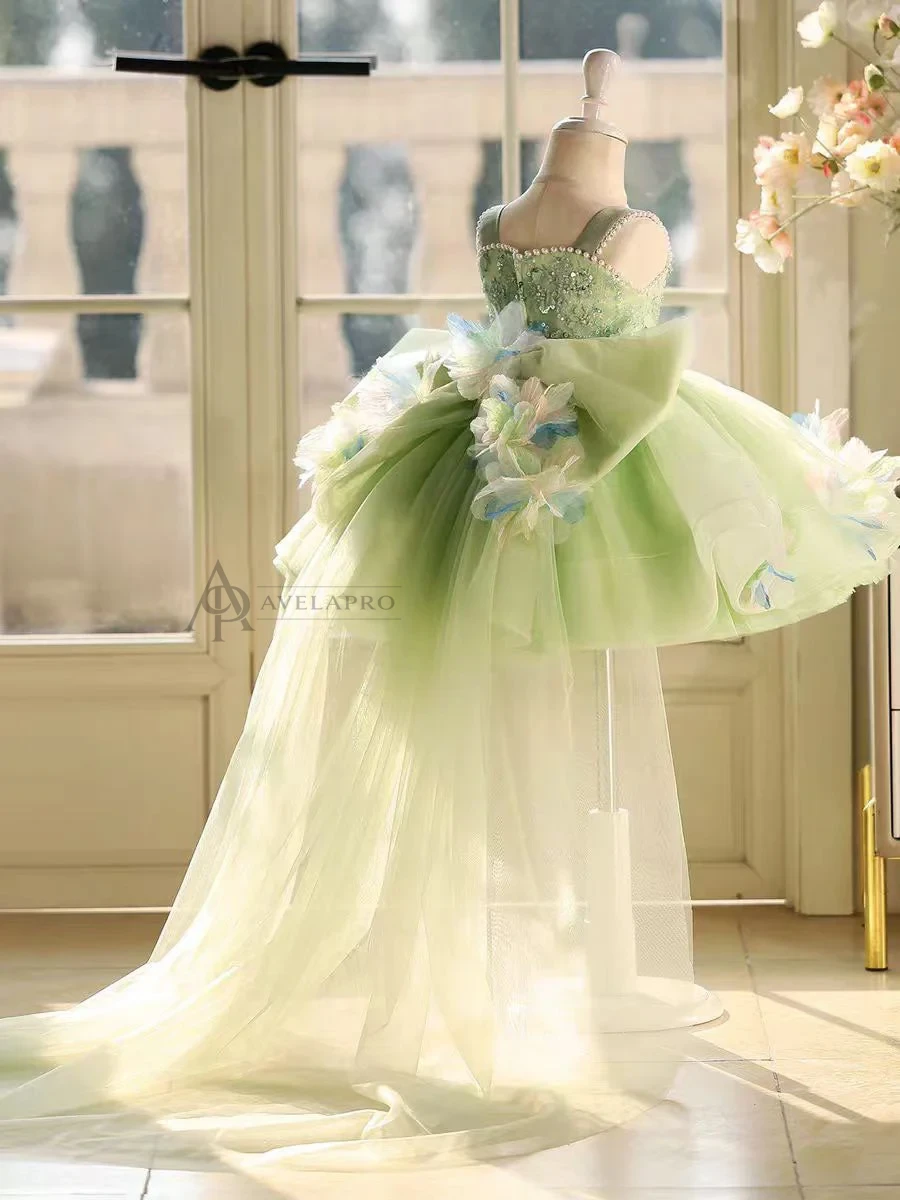 3D Flowers Green Pageant Girl Dress Princess Birthday Gown