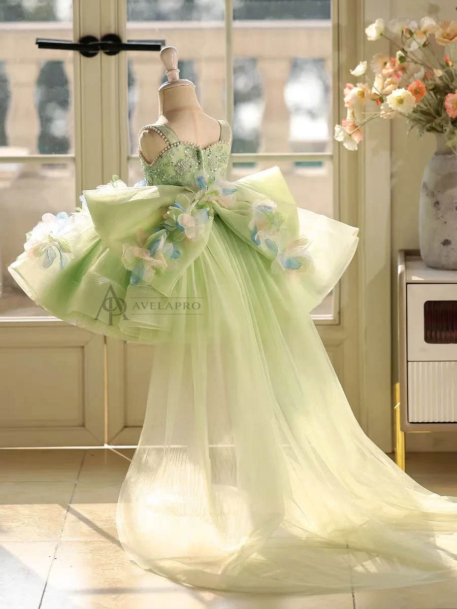 3D Flowers Green Pageant Girl Dress Princess Birthday Gown
