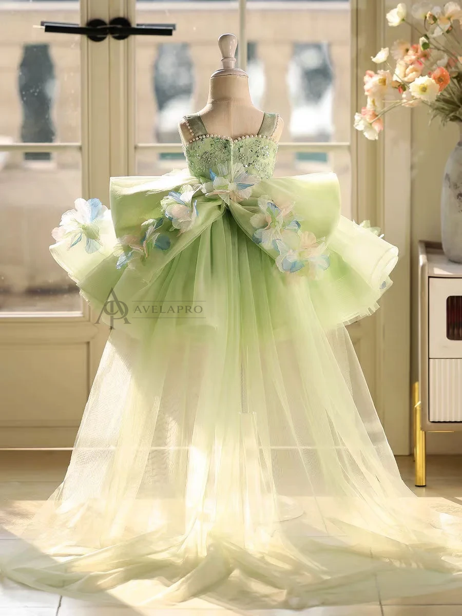 3D Flowers Green Pageant Girl Dress Princess Birthday Gown