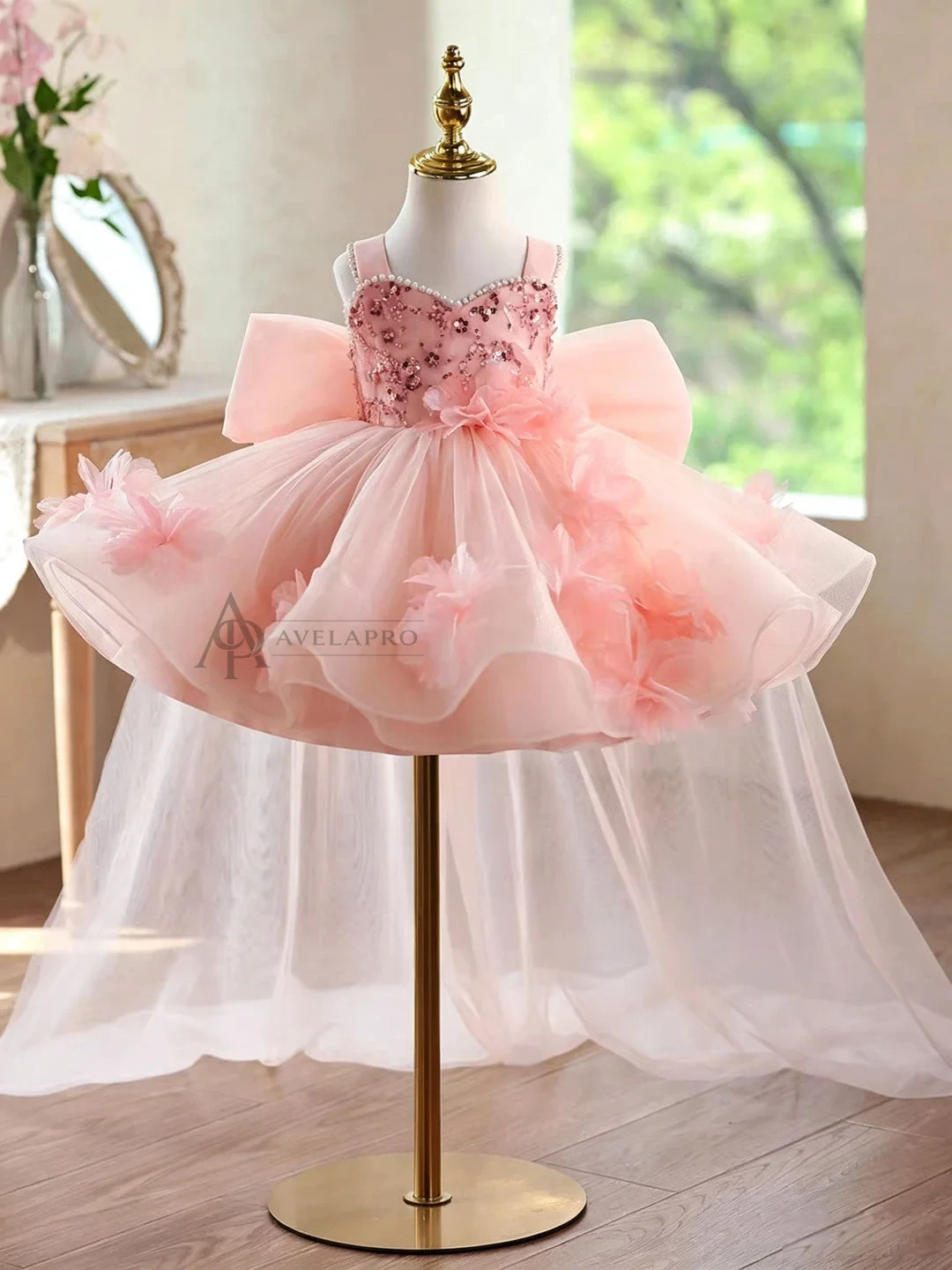 3D Flowers Green Pageant Girl Dress Princess Birthday Gown