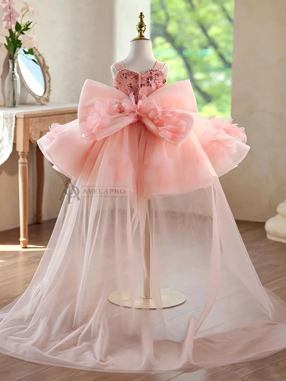 3D Flowers Green Pageant Girl Dress Princess Birthday Gown